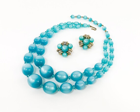 1960s Blue Plastic Bead Necklace Set | 60s Turquo… - image 3