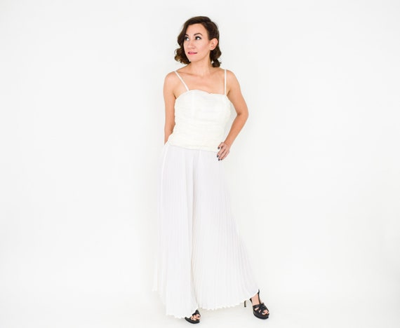 1990s White Chiffon Palazzo Pant Set | 90s Pleated