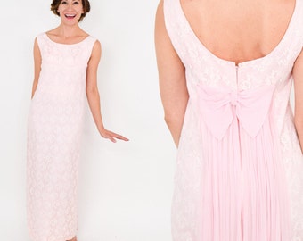 1960s Pink Lace Long Evening Dress | 60s Pink Chiffon & Lace Maxi Dress | Medium
