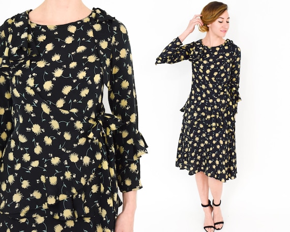 1930s Black Floral Dress | 30s Black Rayon Crepe