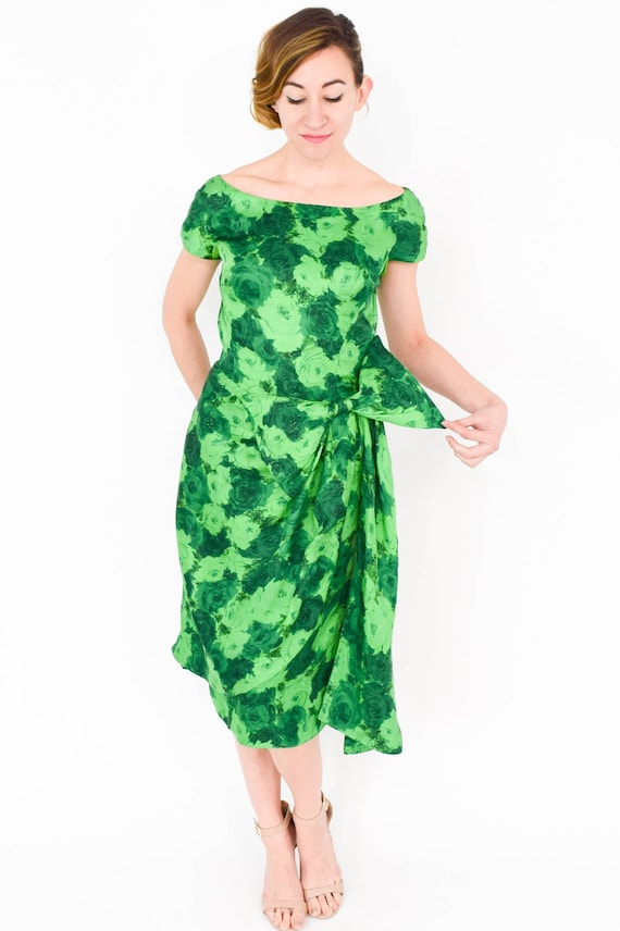 1950s Green Silk Floral Party Dress | Carlye Dres… - image 5