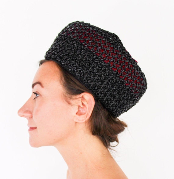 VTG 1960s Suzi B Black Raffia Straw Bubble Hat Vintage 1970s Sun Hat | 70s Does 1950s Black Straw Wide Brim  main image 3
