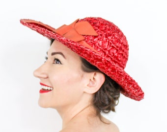 1950s Red Straw Hat | 50s Red Raffia Wide Brim Hat