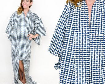 Blue Print Kimono | Long Blue White Kimono | Small Flower Print Japanese Robe