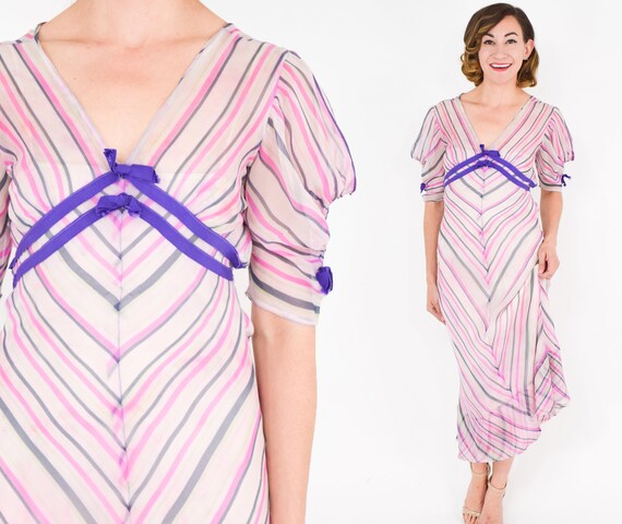 1930s Pink Chiffon Stripe Dress | 30s Pink Silk C