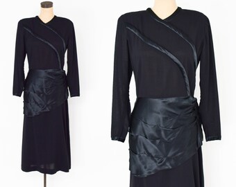 1940s Black Crepe Cocktail Dress | 40s Black Silk & Crepe Dress | Old Hollywood | Medium