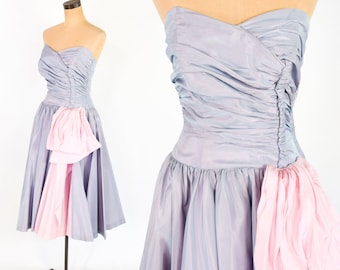 1940s Lavender & Pink Evening Dress | 40s Purple Strapless Cocktail Dress | Jack Leibman | Medium