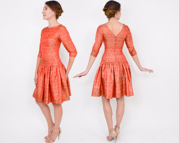 1950s Orange Silk Party Dress | 50s Orange Brocad… - image 5