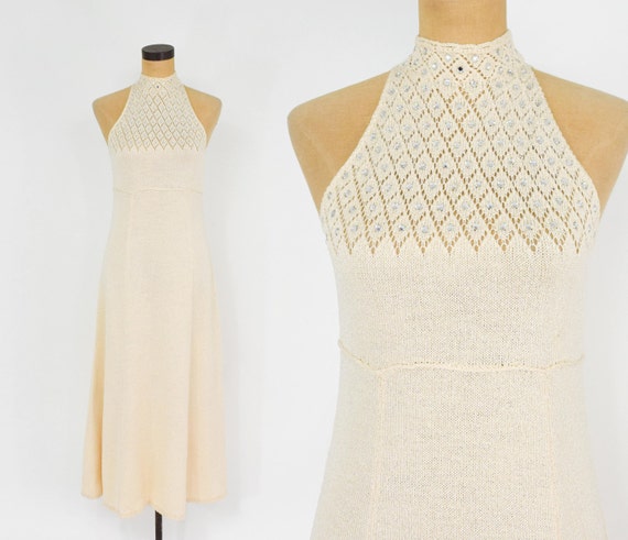 1970s Creme Knit Maxi Dress | 70s Creme & Rhinest… - image 2