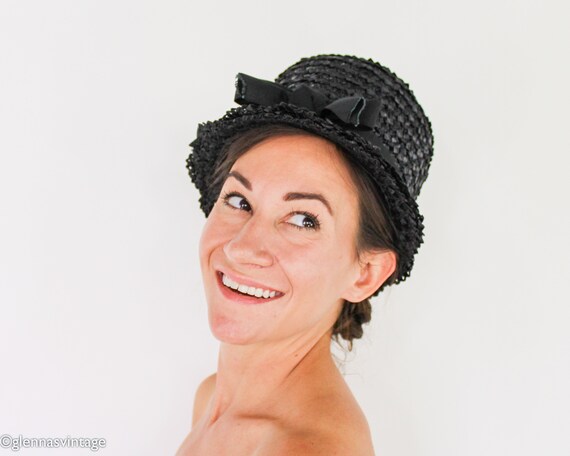 1960s Black Straw Bucket Hat | 60s Black Raffia W… - image 7