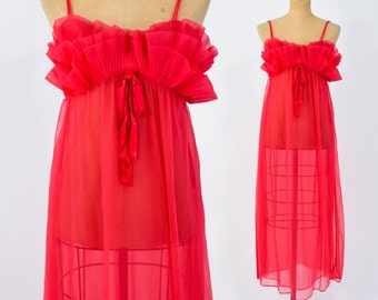 1950s Red Nylon Nightgown | 50s Red Long Nightgown | 50s Red Ruffled Sheer Maxi | Lisette | Small