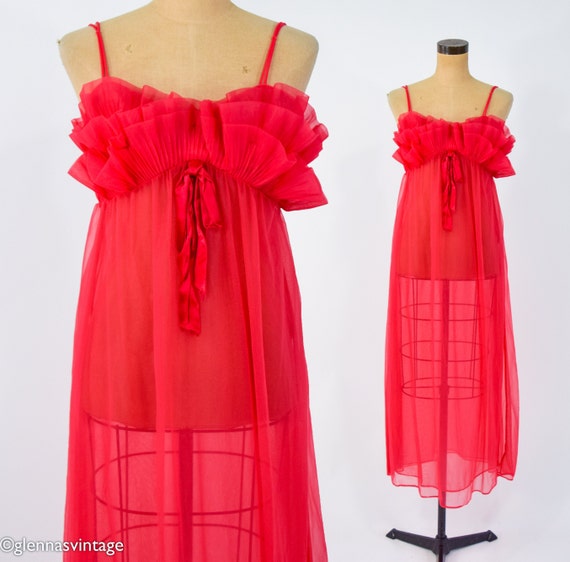 1950s Red Nylon Nightgown | 50s Red Long Nightgow… - image 1