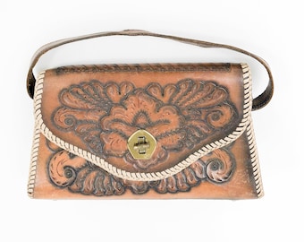 1940s Tooled Leather Purse | 40s Brown Tooled Leather Handbag