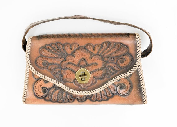 1940s Tooled Leather Purse | 40s Brown Tooled Leat