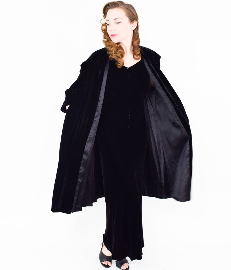 1940s Black Silk Velvet Gown & Coat 40s Black Silk Velvet Bias Cut Dress Coat Set Old Hollywood California Small image 6