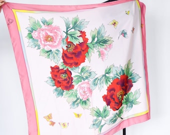 1980s Flowered Silk Scarf | Vintage Peony Flower Silk Scarf | Red Flower Scarf