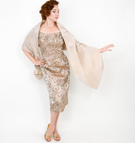 Ceil Chapman | 1950s Beige Silk Evening Dress | 50