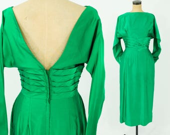 1950年代エメラルドグリーンシルクシースドレス｜ヴィンテージグリーンイブニングガウン｜Natlynn Talls、Mサイズ