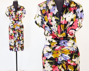 1990s Silk Floral Print Dress | 90s  Flowered Silk Dress | Luisa Beccaria | Size 42