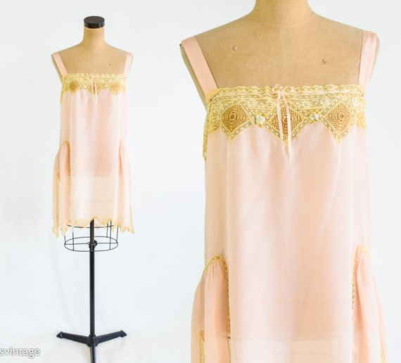 1920s Peach Silk Slip Lingerie | 20s Pink Silk Lingerie | Medium 