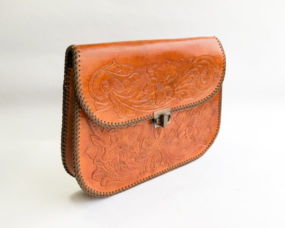 1950s Brown Tooled Leather Purse | 50s Rust Brown… - image 9