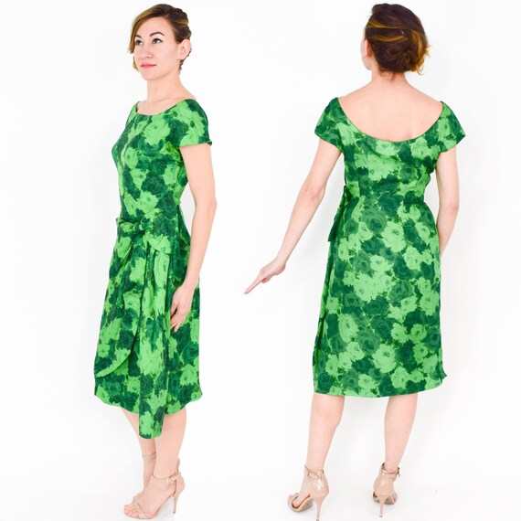 1950s Green Silk Floral Party Dress | Carlye Dres… - image 3