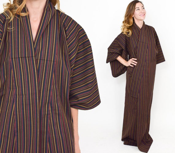 1960s Black Striped Kimono | 60s Black Striped Si… - image 1