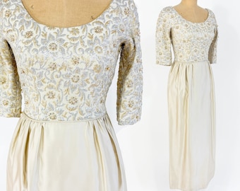 1950s Creme Silk Satin & Brocade Evening Gown |  50s Beige Formal Beaded Top Formal | I Magnin | X Small