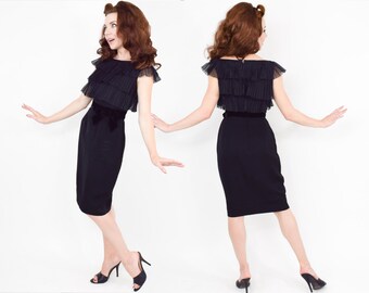 1950s Black Ruffle Dress | 50s Black Crepe Party Dress | Small