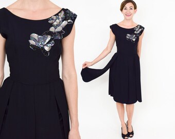 50s Black Party Dress | Black Crepe Sleeveless Dress | Sequin Embroidery | Medium