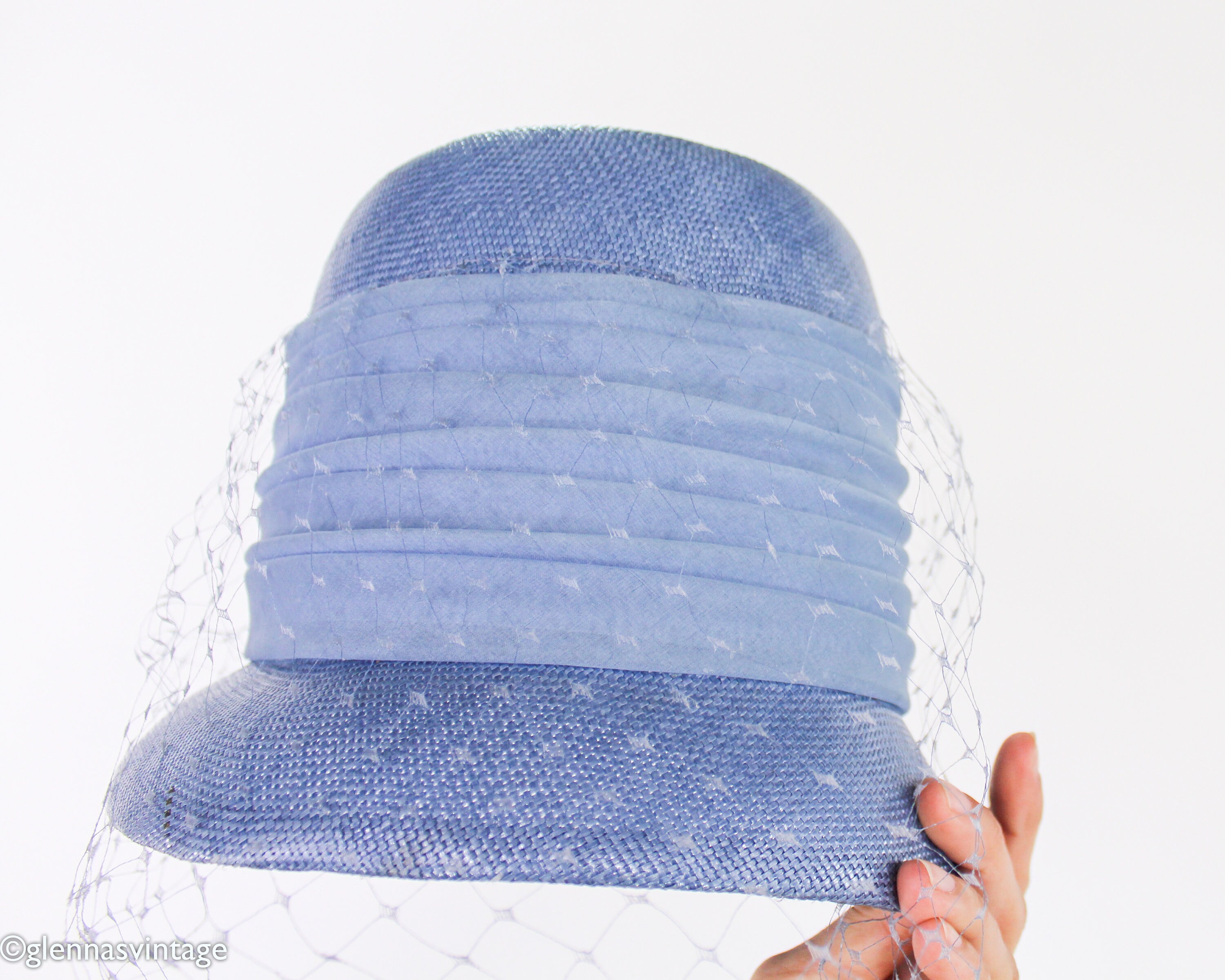 Vintage Baby Blue Raffia Straw Bucket Hat Vintage Blue Straw Bucket Hat with Ribbon and Bows, 1960s 21  main image 4