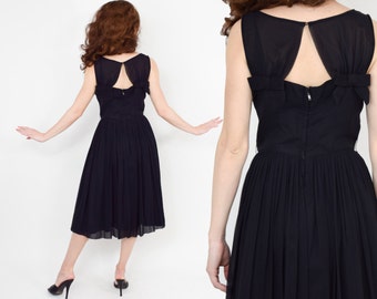 1950s Black Silk Chiffon Party Dress | 50s Black Chiffon Cocktail Dress | Small