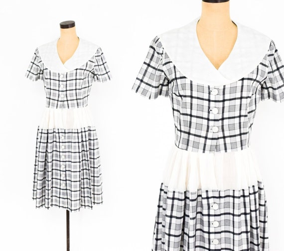 1950s Black & White Plaid Dress | 50s White Plaid