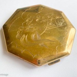 1940s Asian Design Gold Compact 40s Asian Mask Compact Brass Etched Asian Compact image 2