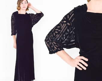 Vestido de noche de terciopelo negro de la década de 1900 / Mangas negras caladas vintage, detalles fruncidos, talla mediana