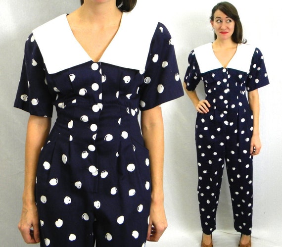 1980s Navy Jumpsuit | 80s Navy Polka Dot Jumpsuit