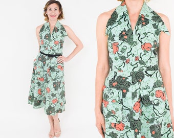 Jaren '50 groene katoenen print halterjurk | Jaren '50 mintgroene bloemen halterjurk | Pin-up | Bom | Klein