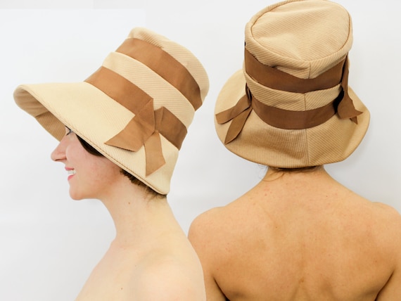 Vintage Lilly Daché Hat | 1960s Tan Striped High Crown - Etsy display picture 1