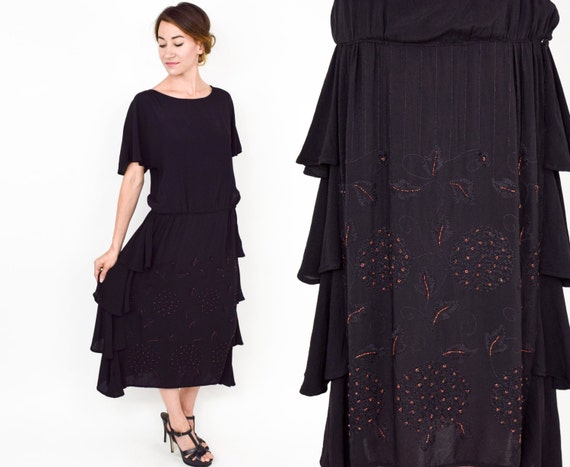 1920s Black Beaded Evening Dress | 20s Black Silk