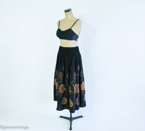 1990s Black & Bronze Floral Print Skirt | 90s Bla… - image 6