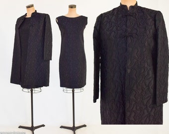 1960s Black Brocade Coat & Dress Set | 60s Black Cotton Brocade Coat Dress Set | Jackie O | Medium