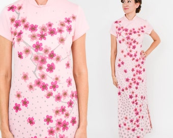 1970s Pink Flowered Maxi Dress | 1970s Pink Floral Polka Dot Print Maxi Dress | Alfred Shaheen | Medium