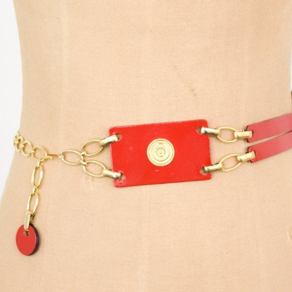 1950s Red Leather Belt | 50s Red Leather Rectangles Belt | Adjustable Size