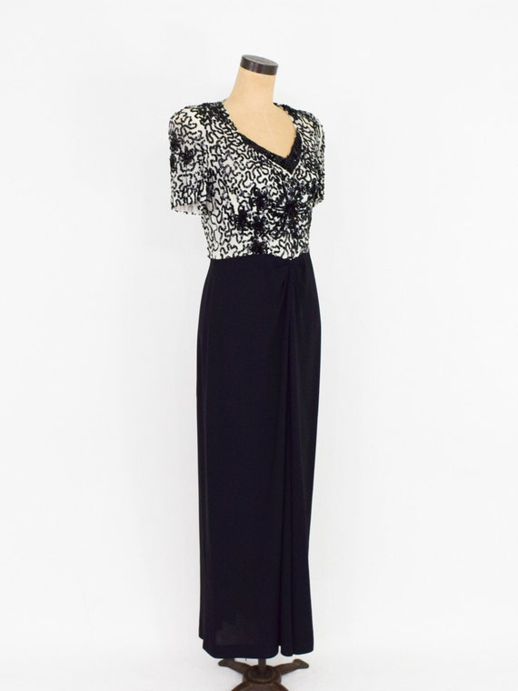 1940s Black Crepe Evening Dress Gown Sequins Pleated