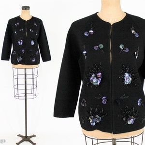 1960s Black Sequin Wool Cardigan 60s Black Wool Double Knit Cardigan Figure Knits Medium image 1