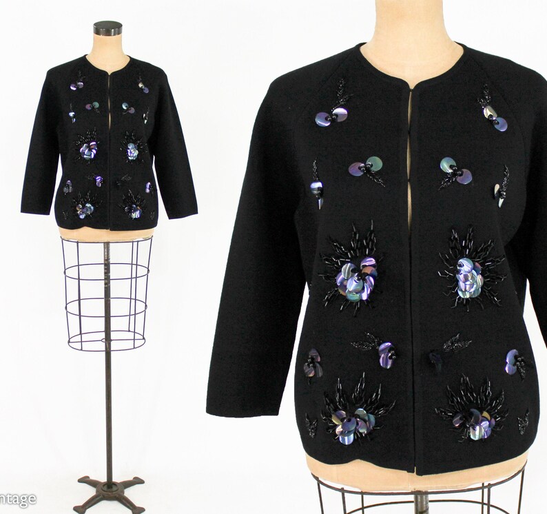 1960s Black Sequin Wool Cardigan 60s Black Wool Double Knit Cardigan Figure Knits Medium image 1