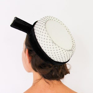 1950s Creme & Black Pillbox Hat 50s Off White Wool Felt Rhinestone Hat image 1