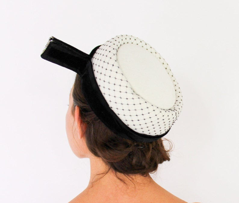 1950s Creme & Black Pillbox Hat 50s Off White Wool Felt Rhinestone Hat image 1