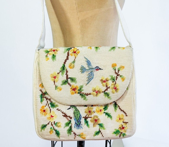1960s Creme Needlepoint Shoulder Bag | Vintage Beige Floral Needlepoint Purse
