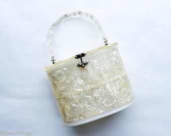 1950s White Lucite Handbag | 50s Creme Lucite Oval Shape